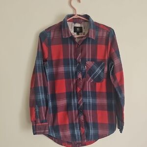 tentree Red and Navy Plaid Casual Button-Down Shirt